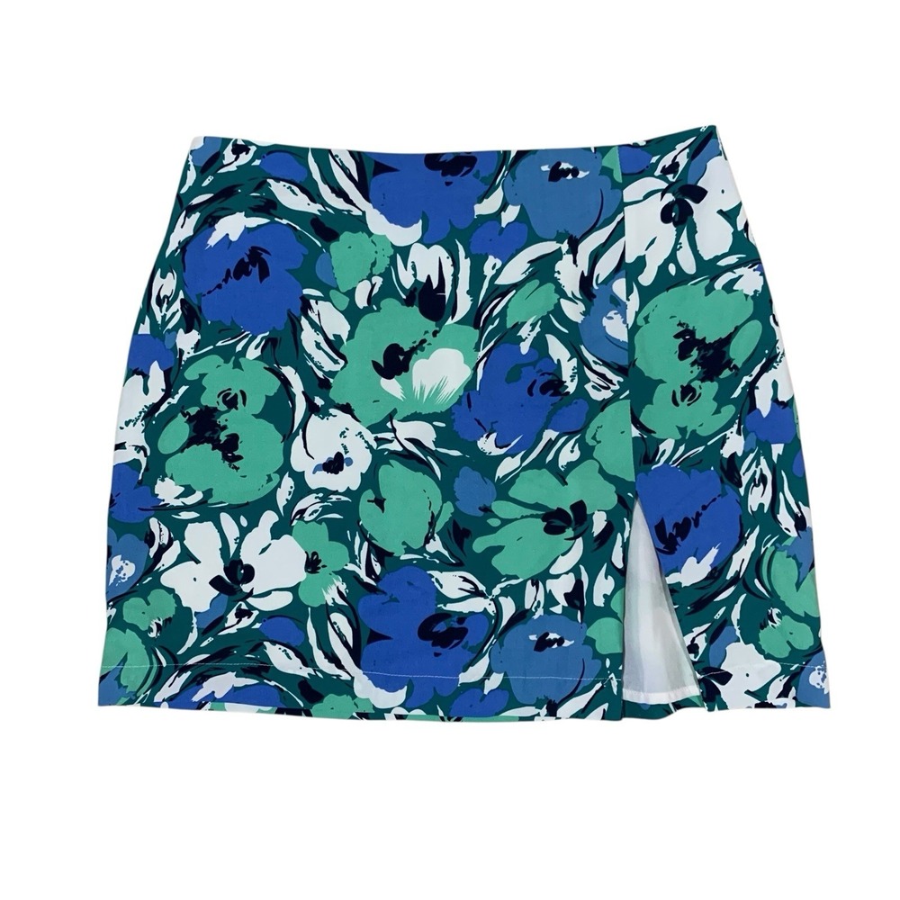 Bailey Rose Blue Green Floral Mini Skirt High Waist‎ Slit Front Small